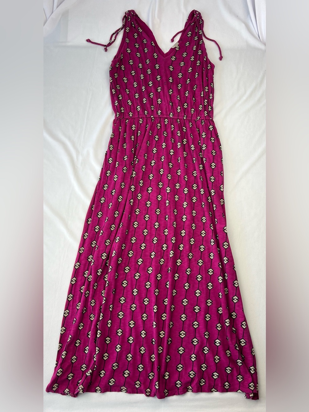 Lucky Brand Maxi Dress XL Fuchsia Pink Geometric Print Boho Tie Shoulder Long